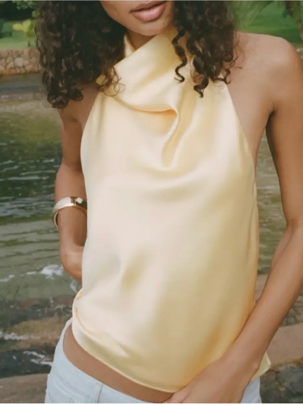 Trendy Light Yellow Satin Halter Top backless- Elegant Women's Tank